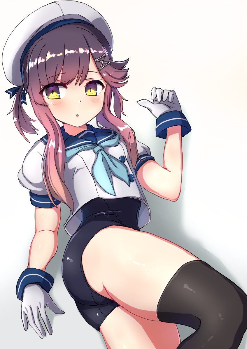 1girl aqua_neckwear bangs black_legwear blue_sailor_collar blush comala_(komma_la) eyebrows_visible_through_hair gloves gradient_hair hair_ornament hair_ribbon hat highres kantai_collection multicolored_hair one-piece_swimsuit open_mouth pink_hair purple_hair ribbon sailor_collar shadow short_sleeves sidelocks simple_background solo swimsuit swimsuit_under_clothes thigh-highs tsushima_(kantai_collection) white_background white_gloves white_headwear yellow_eyes