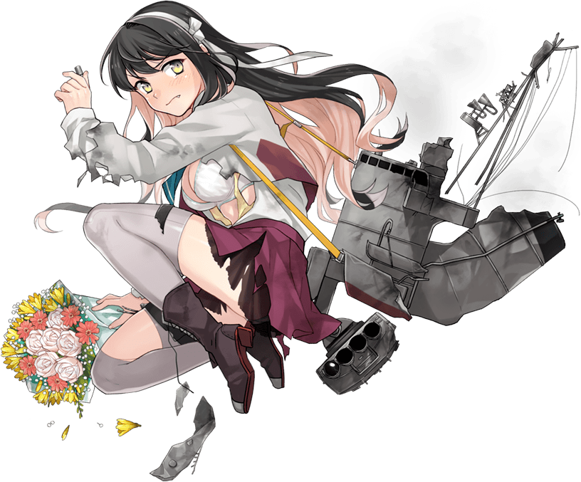 1girl black_hair bouquet bra brown_eyes dress fang flower fujikawa full_body grey_legwear holding holding_bouquet kantai_collection long_hair long_sleeves multicolored_hair naganami_(kantai_collection) official_art pink_hair purple_dress remodel_(kantai_collection) solo thigh-highs torn_clothes torn_dress transparent_background underwear white_bra zettai_ryouiki
