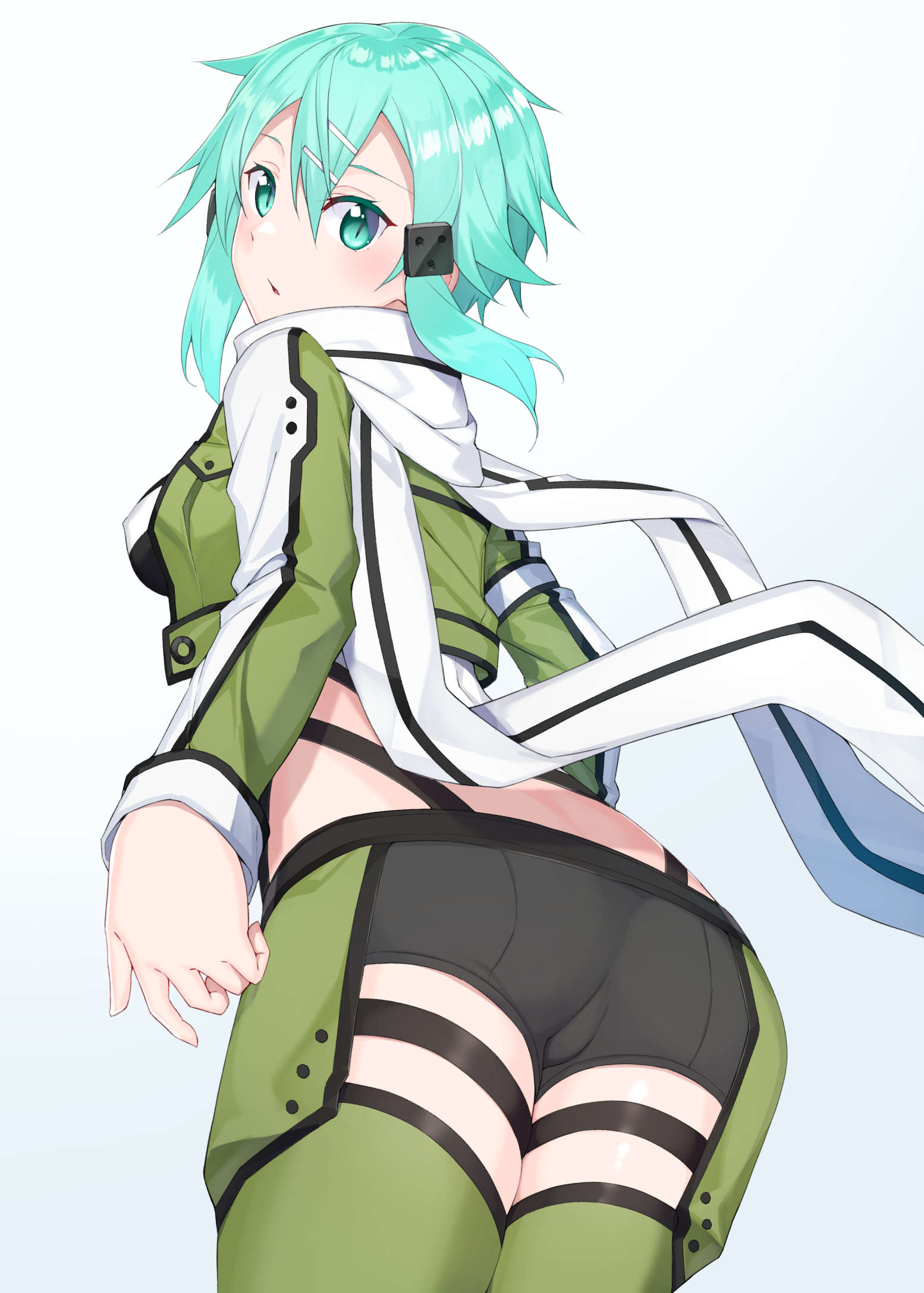 1girl aqua_eyes ass breasts colored_eyelashes covered_nipples from_behind green_jacket grey_background hair_between_eyes hair_ornament hairclip highres jacket long_sleeves looking_back medium_breasts medium_hair raitho104 scarf shiny shiny_hair sidelocks sinon slit_pupils solo sword_art_online thigh-highs white_scarf