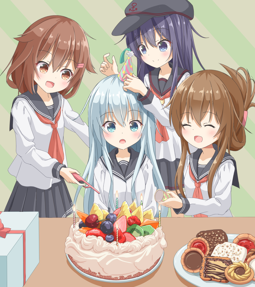 4girls :d :o ^_^ akatsuki_(kantai_collection) birthday birthday_cake black_headwear black_skirt blue_eyes blue_hair brown_eyes brown_hair cake candle cherry chocolate closed_eyes commentary_request cookie eyebrows_visible_through_hair flat_cap folded_ponytail food fruit fujii_tatsuya gift hair_ornament hairclip hat hibiki_(kantai_collection) holding ikazuchi_(kantai_collection) inazuma_(kantai_collection) kantai_collection kiwi_slice kiwifruit lighter long_hair multiple_girls neckerchief open_mouth party_hat party_popper plate pleated_skirt red_neckwear sailor_collar school_uniform serafuku sitting skirt smile strawberry upper_body verniy_(kantai_collection)