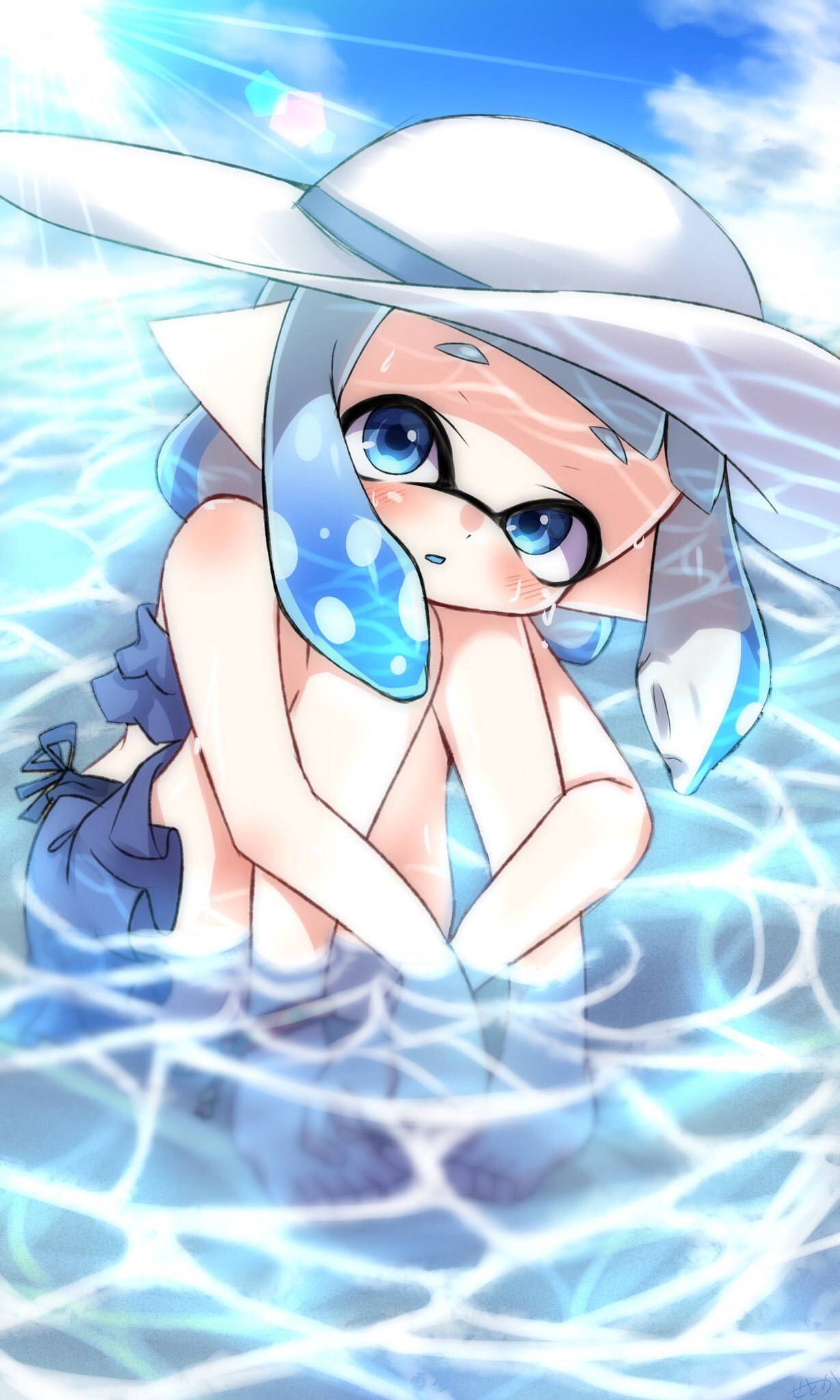 1girl amakusa_setoka anklet bangs barefoot bikini bikini_skirt blue_bikini blue_eyes blue_hair blue_sky blue_tongue blunt_bangs clouds cloudy_sky commentary domino_mask english_commentary frilled_bikini frills hat highres inkling jewelry leg_hug lens_flare looking_at_viewer mask medium_hair parted_lips pointy_ears sitting sky solo splatoon_(series) splatoon_2 sun sun_hat sunlight swimsuit tentacle_hair wading water wet white_headwear