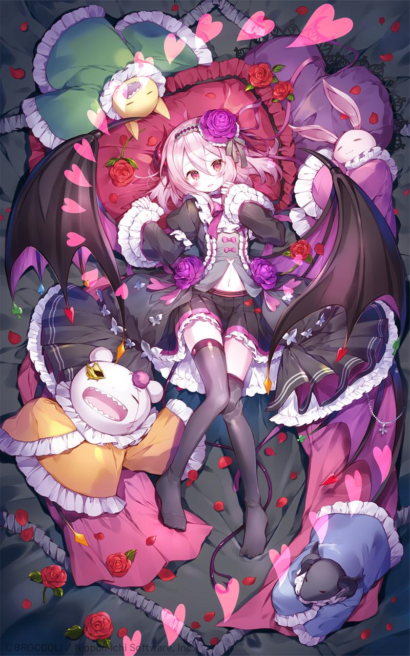 1girl bangs black_blouse black_legwear black_skirt black_wings blouse commentary_request demon_tail demon_wings flower frilled_pillow frilled_skirt frilled_sleeves frills from_above grey_hairband hair_flower hair_ornament hairband heart highres ibara_riato long_sleeves looking_at_viewer lying medium_hair miniskirt navel on_back original parted_lips petals pillow pink_eyes pink_hair pleated_skirt purple_flower skirt solo stuffed_animal stuffed_toy tail thigh-highs wings