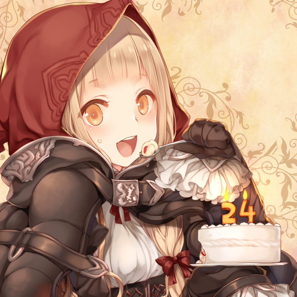 1girl bangs belt belt_buckle blonde_hair blunt_bangs blush bow brown_belt buckle cake candle cape eyebrows_visible_through_hair fire food food_on_face frilled_sleeves frills hair_bow happy holding holding_spoon hood hood_up hooded_cape little_red_riding_hood_(sinoalice) long_hair long_sleeves looking_at_viewer number open_mouth orange_eyes red_bow red_cape red_hood sidelocks sinoalice sleeves_past_fingers sleeves_past_wrists solo spoon sweets teroru upper_body upper_teeth