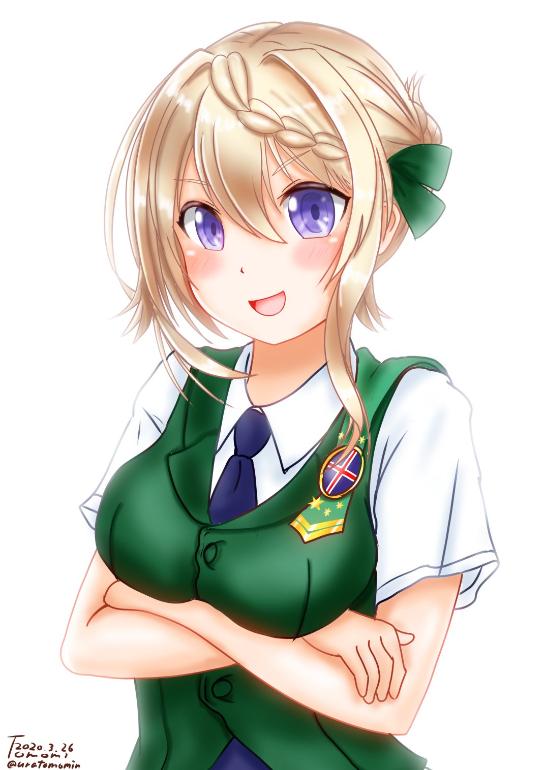 1girl artist_name badge blonde_hair blue_neckwear braid braided_bun breasts cape crossed_arms dated dress_shirt green_cape green_vest highres kantai_collection large_breasts necktie perth_(kantai_collection) school_uniform shirt short_hair short_sleeves simple_background solo twitter_username upper_body uratomomin vest violet_eyes white_background white_shirt