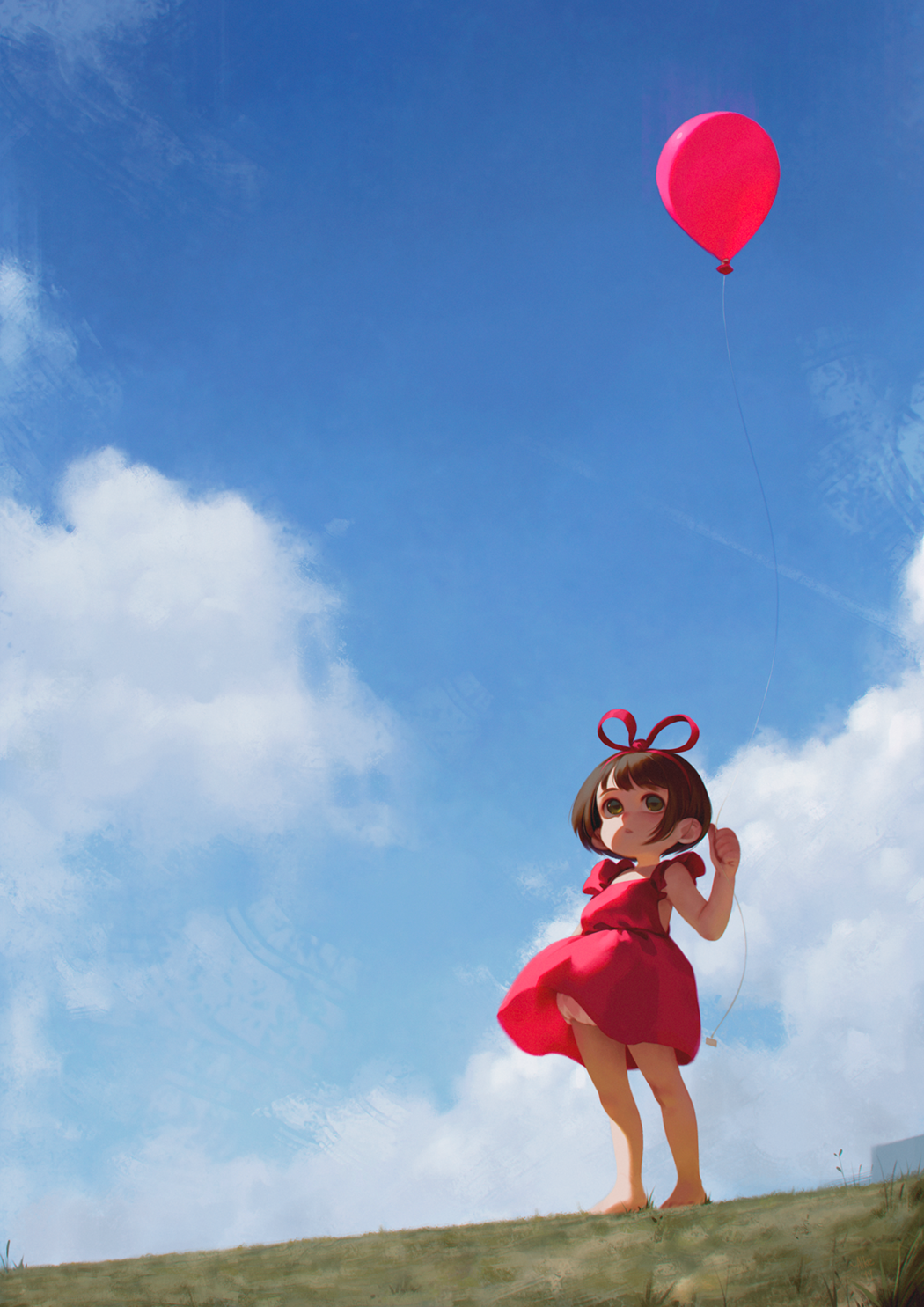 1girl alkemanubis balloon bangs barefoot bloomers blue_eyes blue_sky bow brown_hair day dress english_commentary hair_bow highres original outdoors red_dress red_ribbon ribbon short_hair sky solo standing underwear