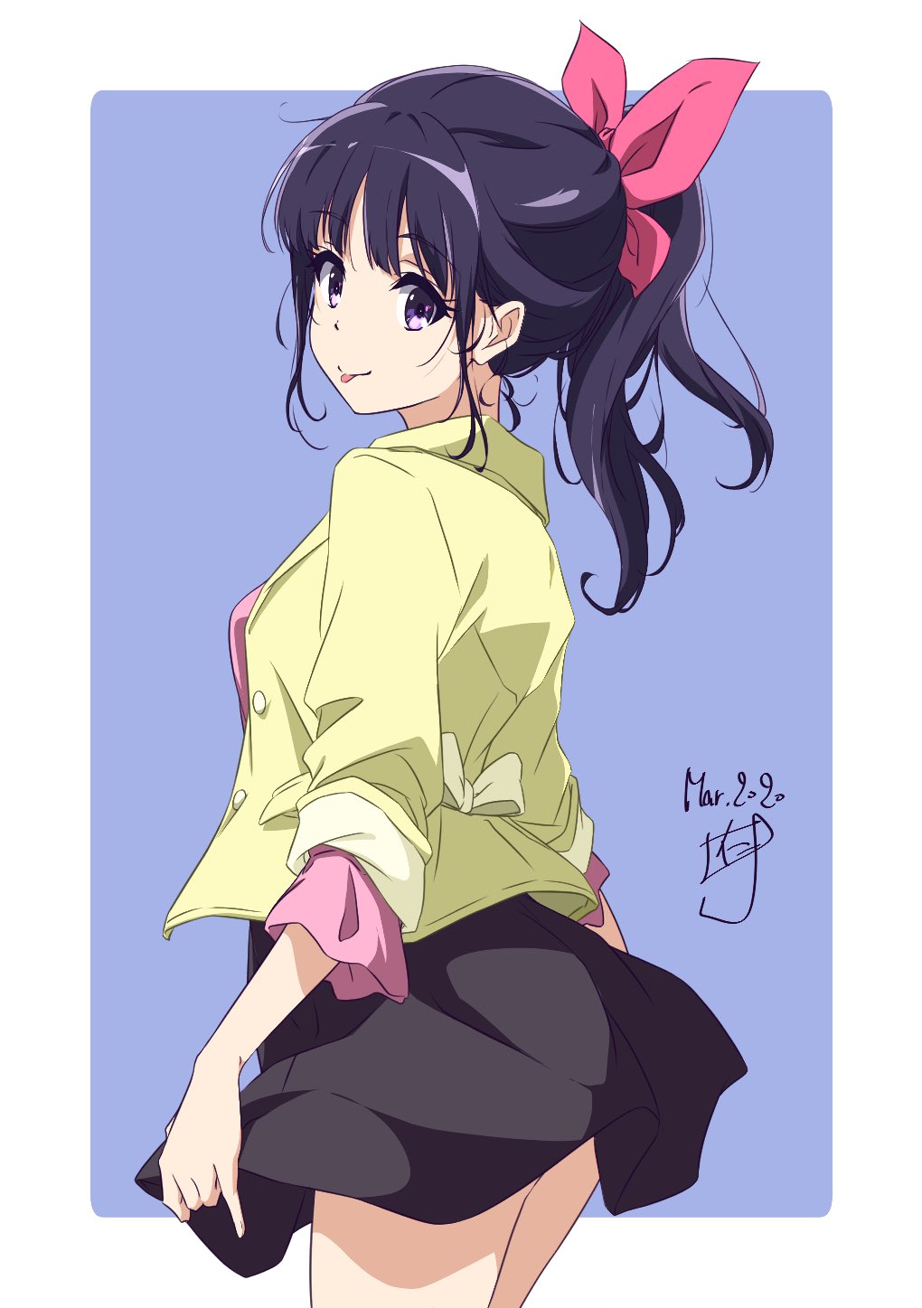 1girl black_hair black_skirt blue_background border casual commentary_request cowboy_shot dated highres jacket long_hair looking_at_viewer nii_manabu original pink_shirt ponytail shirt signature skirt solo standing tongue tongue_out two-tone_background violet_eyes white_border yellow_jacket