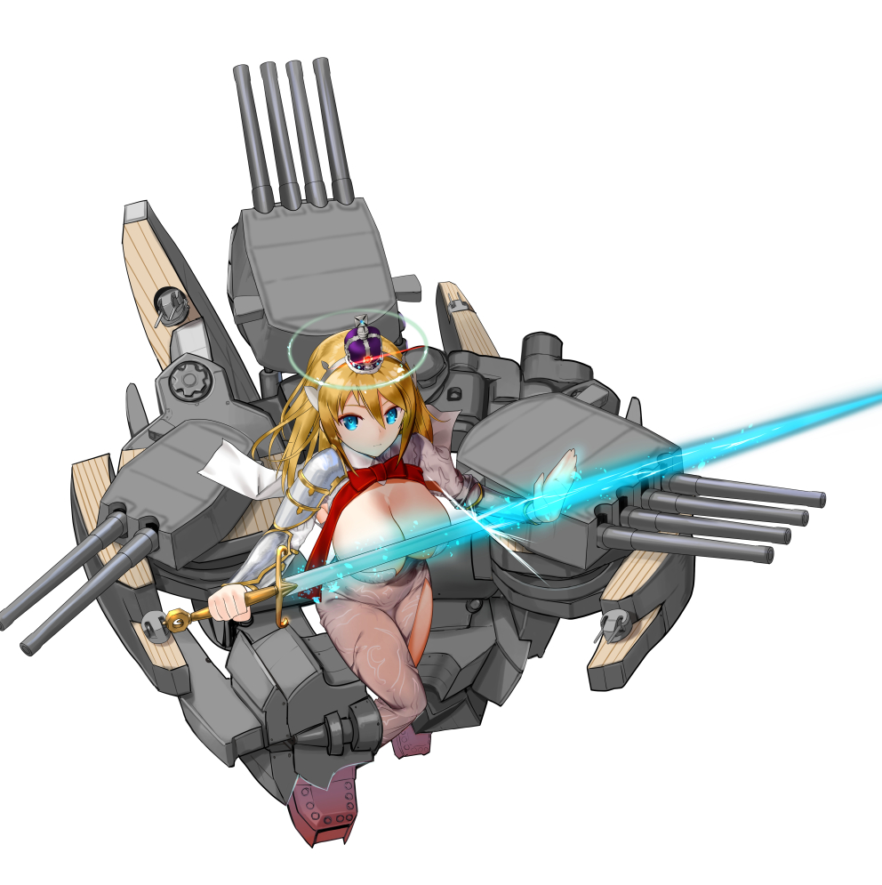 1girl armpits battleship bracer breasts cannon commentary_request crown dress from_above hms_king_george_v holding holding_sword holding_weapon kuuro_kuro large_breasts machinery mc_axis mecha_musume military military_vehicle mini_crown pauldrons personification royal_navy ship solo sword turret warship watercraft weapon white_dress world_war_ii