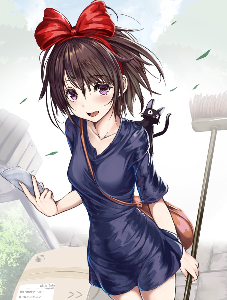 1girl animal_on_shoulder bag between_breasts black_cat black_dress black_hair blush bow box breasts broom cat cat_on_shoulder collarbone cowboy_shot dress hair_bow hair_ribbon hairband highres holding holding_broom holding_paper jiji_(majo_no_takkyuubin) kiki looking_at_viewer majo_no_takkyuubin monikano note outdoors paper red_ribbon ribbon short_hair short_sleeves smile solo strap_between_breasts violet_eyes