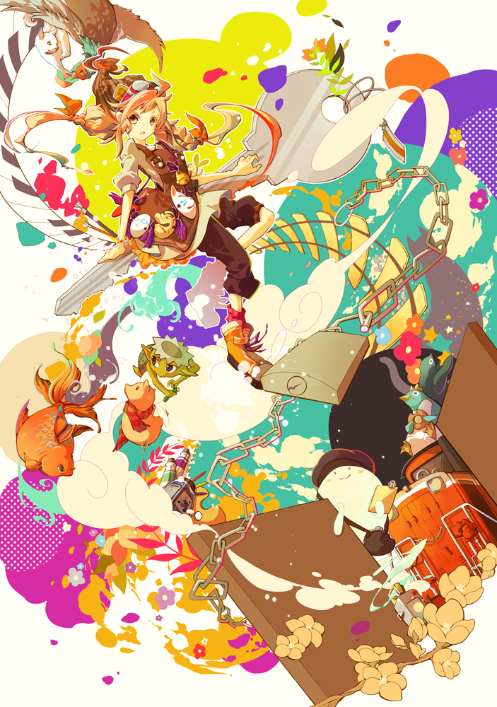 1girl apron bead_bracelet beads beanie bee_cosine bell bird black_shorts blonde_hair blouse bracelet brown_headwear cat chain clouds commentary_request fish flower fox_mask ghost goggles goggles_on_head goldfish ground_vehicle hair_ribbon hat inkwell instrument jewelry kappa key keyboard_(instrument) lock long_hair looking_at_viewer low_twintails mask multicolored multicolored_background nengajou new_year orange_eyes orange_footwear orange_ribbon original oversized_object padlock paint_tube paintbrush penguin pheasant pig puffy_sleeves railroad_tracks red_legwear ribbon shorts smile socks star surreal tengu_mask train twintails white_blouse white_cat
