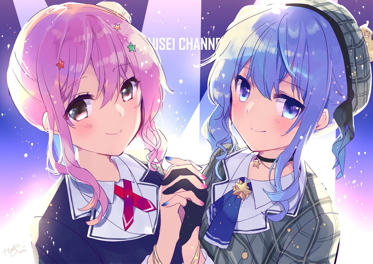 2girls anemachi awai_hinata beret black_choker black_gloves blue_eyes blue_hair blue_nails blush choker closed_mouth crown gloves hair_between_eyes hands_together hat hololive hoshimachi_suisei looking_at_viewer medium_hair mini_crown multiple_girls nail_polish partly_fingerless_gloves pink_eyes pink_hair pink_nails siblings side_ponytail sisters smile star suisei_channel upper_body virtual_youtuber