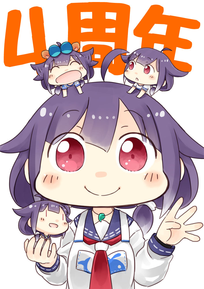 4girls :d ahoge alternate_costume animal_print apron bow chibi chibi_inset chibi_on_head closed_eyes expressive_hair fish_print hair_bow hair_flaps hinata_yuu jewelry kantai_collection looking_at_another looking_at_viewer low_twintails minigirl multiple_girls multiple_persona neckerchief necklace on_head open_mouth person_on_head purple_hair red_eyes school_uniform serafuku shirt smile t-shirt taigei_(kantai_collection) twintails upper_body whale whale_print |_|