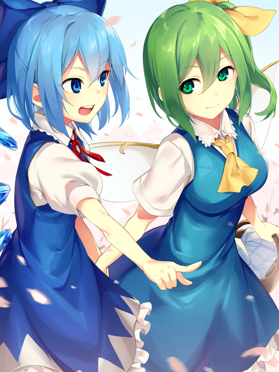 2girls ascot asutora basket blue_bow blue_dress blue_eyes blue_hair blue_wings bow breasts cherry_blossoms cirno closed_mouth commentary_request daiyousei dress fairy_wings green_eyes green_hair hair_between_eyes hair_bow highres holding ice ice_wings medium_breasts multiple_girls one_side_up open_mouth pointing puffy_short_sleeves puffy_sleeves red_ribbon ribbon short_sleeves smile touhou wings yellow_bow yellow_neckwear