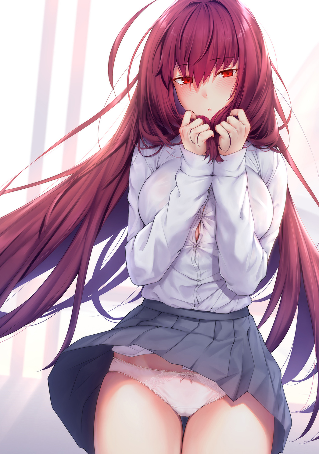 1girl bangs blush breasts contemporary fate/grand_order fate_(series) grey_skirt hair_between_eyes hair_intakes highres holding holding_hair large_breasts long_hair long_sleeves looking_at_viewer lun7732 open_mouth panties purple_hair red_eyes scathach_(fate)_(all) scathach_(fate/grand_order) shirt skirt skirt_lift solo thighs underwear upskirt white_panties white_shirt wind wind_lift