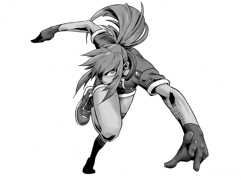 1girl boots dynamite-kit gloves greyscale leona_heidern monochrome outstretched_arms ponytail running shorts sidelocks solo spread_arms the_king_of_fighters white_background