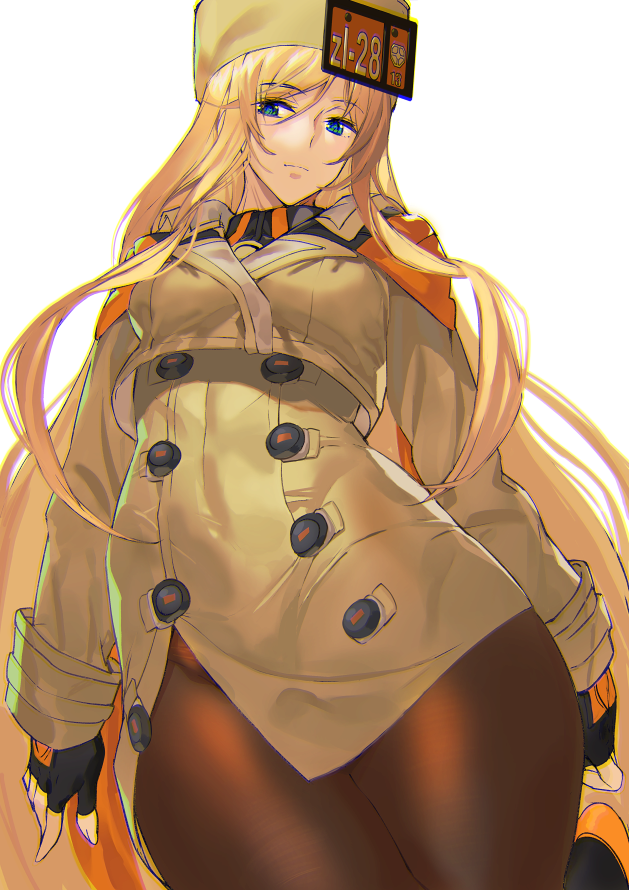 1girl ashiomi_masato blonde_hair blue_eyes brown_legwear commentary_request fingerless_gloves fur_hat gloves guilty_gear guilty_gear_strive hat long_hair millia_rage pantyhose solo ushanka very_long_hair