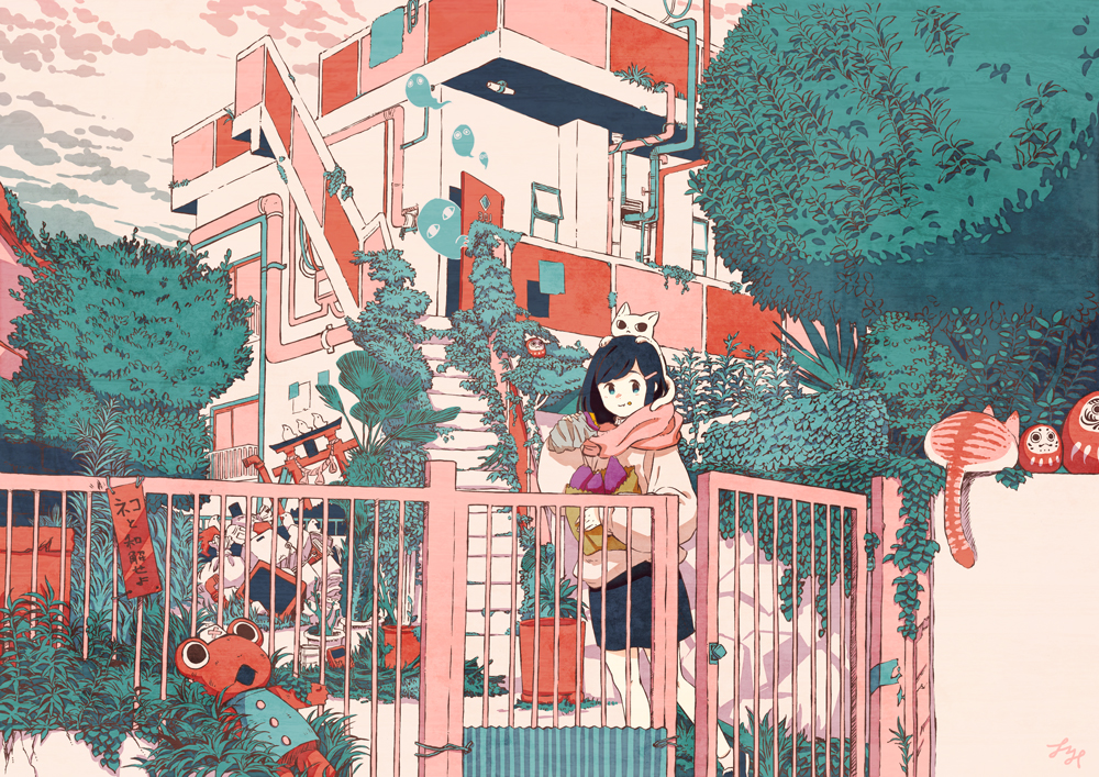 1girl bird black_hair building cat clouds cloudy_sky commentary_request door grass hair_ornament hairclip long_sleeves medium_hair original outdoors pipes railing scarf signature sky smile solo stairs tami_yagi tree white_cat