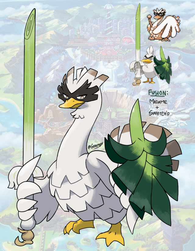 beta_pokemon bird bird_focus brown_eyes character_name commentary creature english_commentary english_text full_body fusion gen_8_pokemon gooompy holding holding_sword holding_weapon looking_at_viewer madame_(pokemon_gsc_beta) no_humans pokemon pokemon_(creature) pokemon_(game) pokemon_gsc pokemon_gsc_beta prototype shield signature sirfetch'd sword weapon