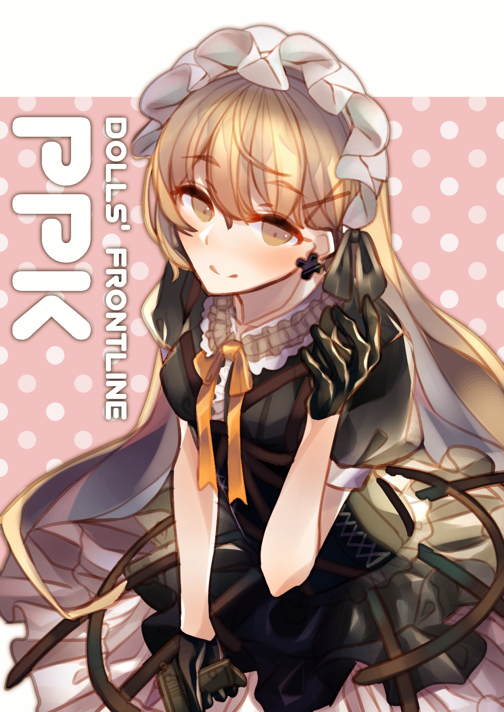 1girl black_dress black_gloves blonde_hair bow brown_eyes cross cross_necklace dress earrings girls_frontline gloves gun hair_bow hair_ornament hair_ribbon hairband handgun highres jewelry long_hair looking_at_viewer necklace necktie pistol ppk_(girls_frontline) ribbon simple_background smile solo speech_bubble tokyoha1 walther walther_ppk weapon