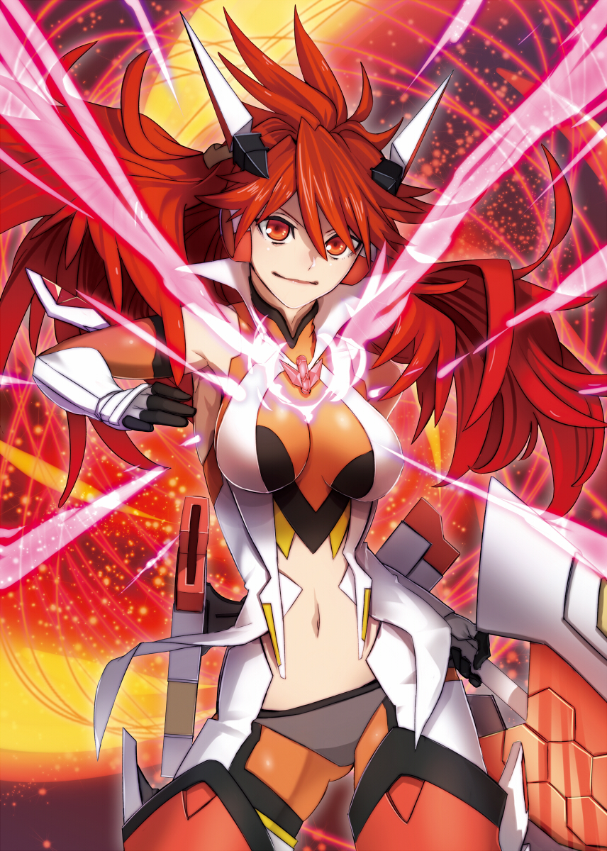 1girl amou_kanade bangs breasts breasts_apart closed_mouth commentary_request contrapposto cowboy_shot detached_sleeves floating_hair gloves grey_panties hair_between_eyes highres hinomoto_madoka holding holding_weapon long_hair looking_at_viewer medium_breasts midriff navel panties red_eyes redhead senki_zesshou_symphogear shiny shiny_hair smile solo standing stomach underwear very_long_hair weapon