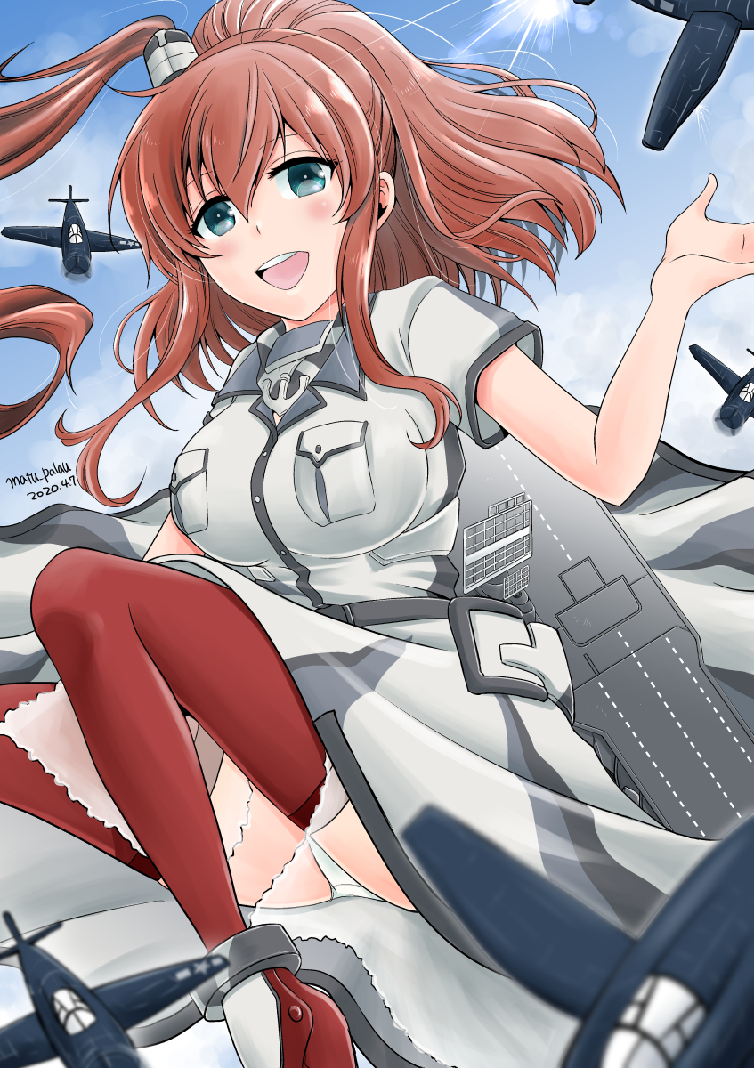 1girl aircraft airplane anchor blue_eyes blue_sky breast_pocket breasts brown_hair clouds commentary_request dated dress flight_deck grey_dress hair_between_eyes hair_ornament highres kantai_collection large_breasts lens_flare matsuura@parao neckerchief open_mouth panties pocket ponytail red_legwear remodel_(kantai_collection) round_teeth saratoga_(kantai_collection) side_ponytail sidelocks sky smile smokestack solo sun teeth thigh-highs twitter_username underskirt underwear upper_teeth white_panties