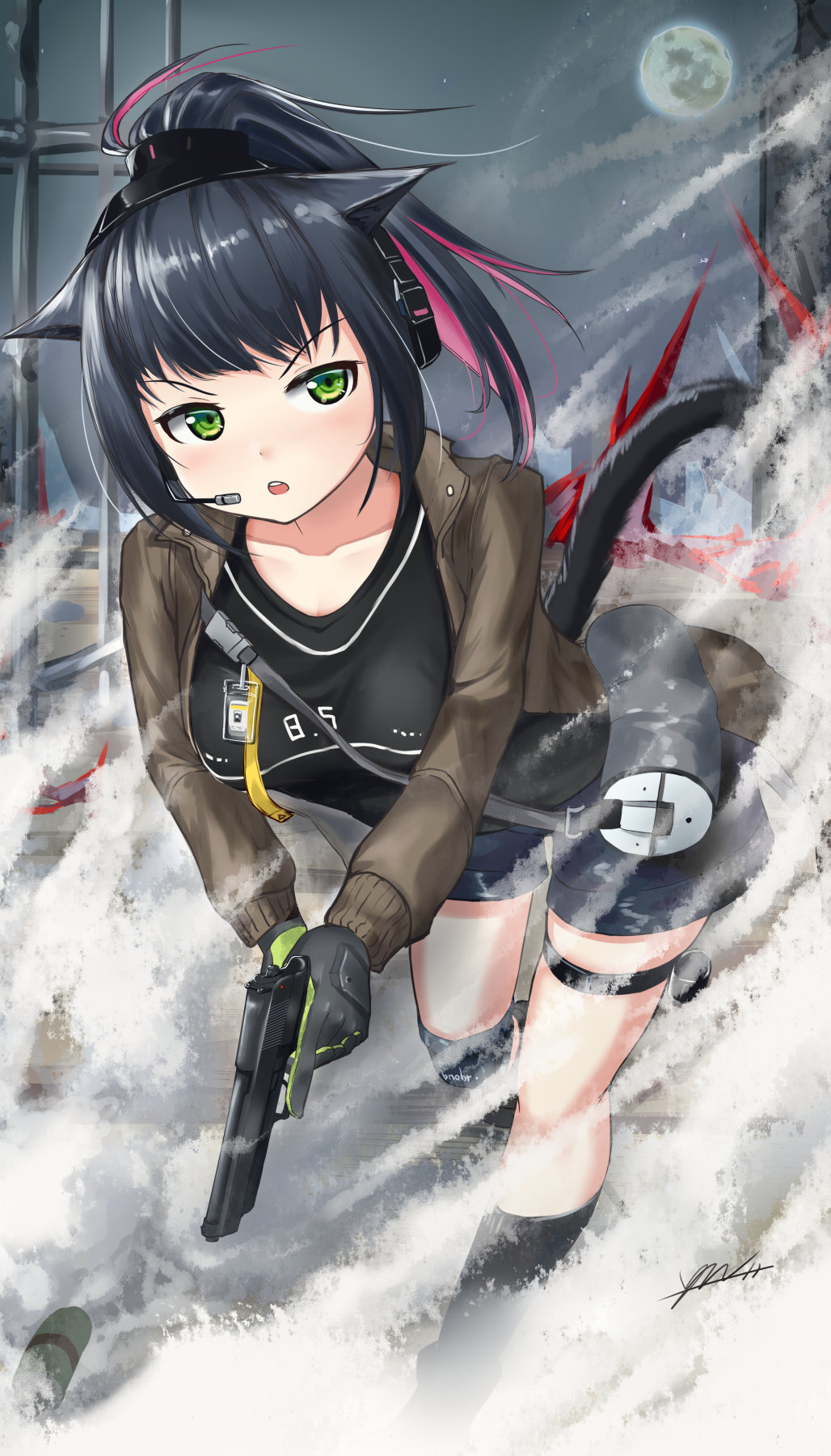 1girl :o animal_ears aonoyuu arknights bag bangs beretta_92 black_gloves black_hair black_legwear black_shirt black_shorts breasts cat_ears collarbone commentary_request ear_protection eyebrows_visible_through_hair full_body full_moon gloves green_eyes grey_jacket gun handgun headset high_ponytail highres holding holding_gun holding_weapon id_card jacket jessica_(arknights) kneehighs large_breasts long_hair long_sleeves looking_to_the_side moon multicolored_hair night night_sky open_clothes open_jacket outdoors pistol ponytail running shirt short_shorts shorts shoulder_bag sidelocks signature single_knee_pad sky smoke smoke_grenade snap-fit_buckle solo steel_beam tail thigh_strap trigger_discipline upper_teeth weapon weapon_request