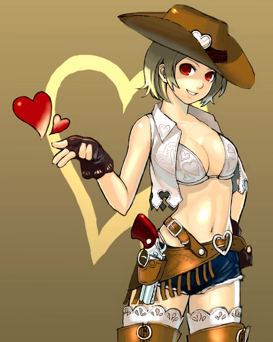 cleavage cowboy_hat denim denim_shorts fingerless_gloves gloves gun hat heart hearts holster k+ open_clothes open_shirt red_eyes shirt shorts thighhighs weapon western