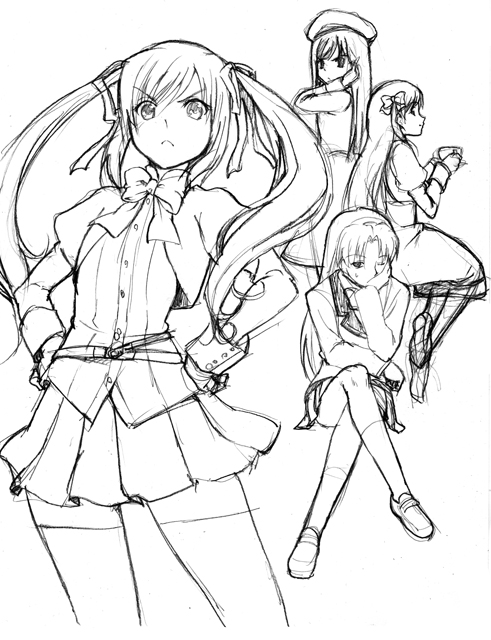 haruka_(baby_princess) hikaru hikaru_(baby_princess) marumi monochrome sketch thighhighs tsurara tsurara_(baby_princess) urara urara_(baby_princess)