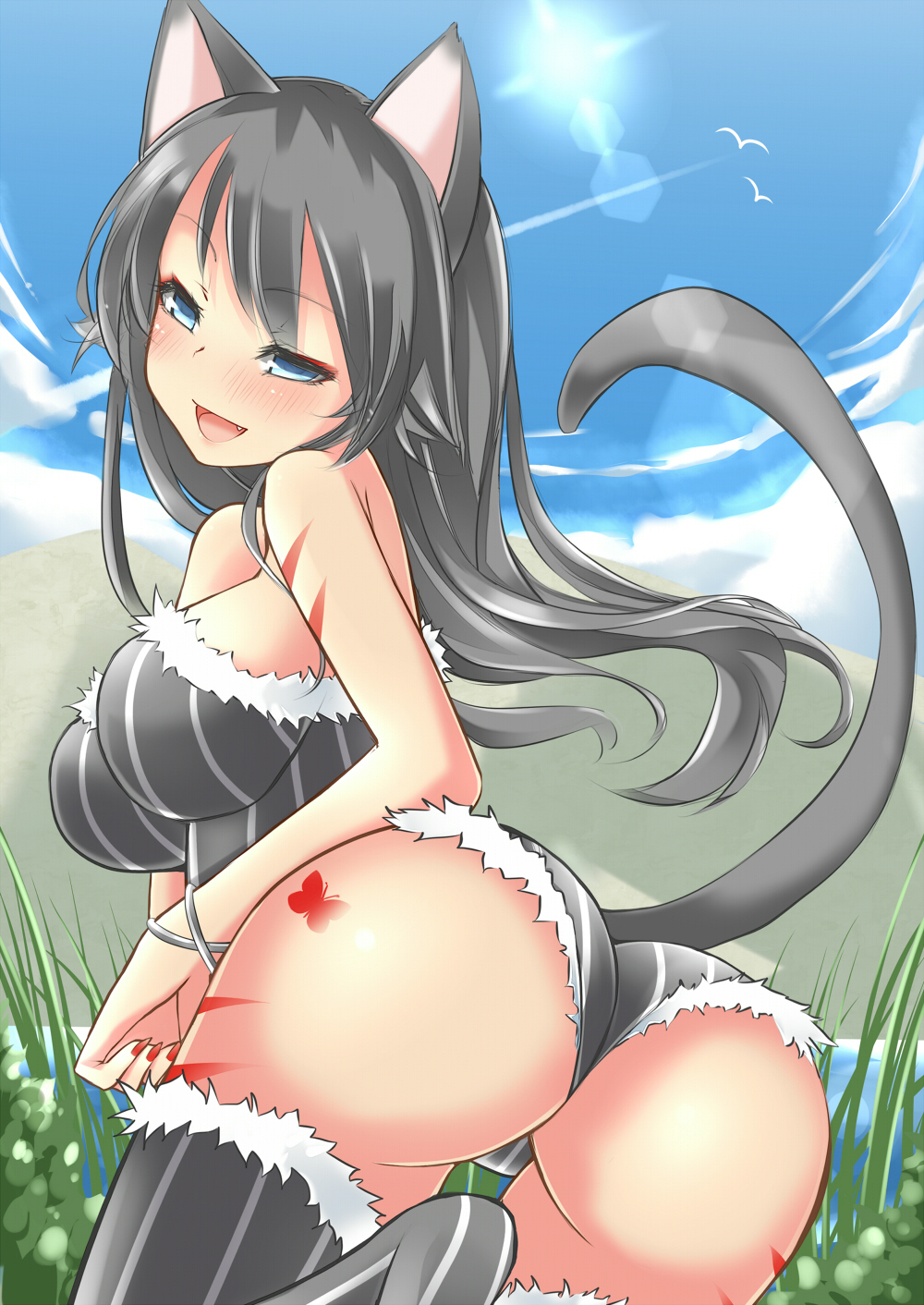 1girl animal_ears ass bare_shoulders black_hair blue_eyes blue_sky butterfly cat_ears clouds fang fur grass highres lens_flare leotard long_hair looking_back mountain open_mouth original outdoors revision sei000 sky solo standing tail tattoo
