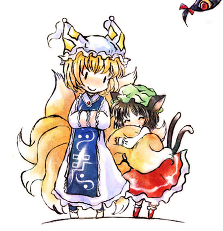 animal_ears blonde_hair brown_hair cat_ears cat_tail chen earrings fox_tail gap happy hat jewelry lowres micha_(futako) mitsuya multiple_girls multiple_tails short_hair tail tail_hug touhou yakumo_ran yakumo_yukari