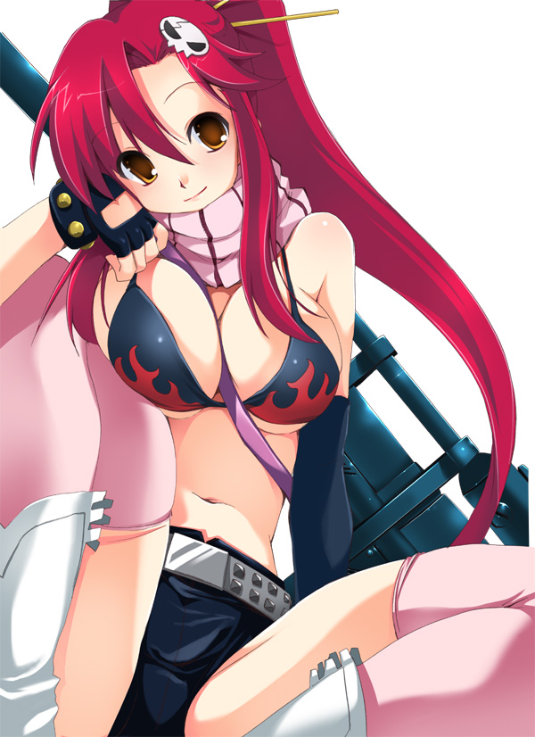 between_breasts bikini bikini_top boots breasts fingerless_gloves gloves gun large_breasts long_hair midriff navel orange_eyes ponytail red_hair redhead scarf shorts swimsuit tengen_toppa_gurren_lagann thigh-highs thighhighs under_boob underboob weapon yoko_littner yoko_ritona