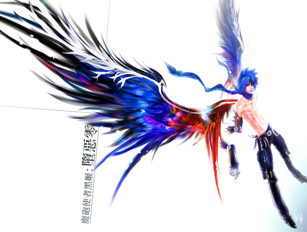 #1 bishounen black_wings blue_hair kid_(artist) kurohime mahou_tsukai_kurohime male shirtless short_hair solo topless wings zero_(kurohime)