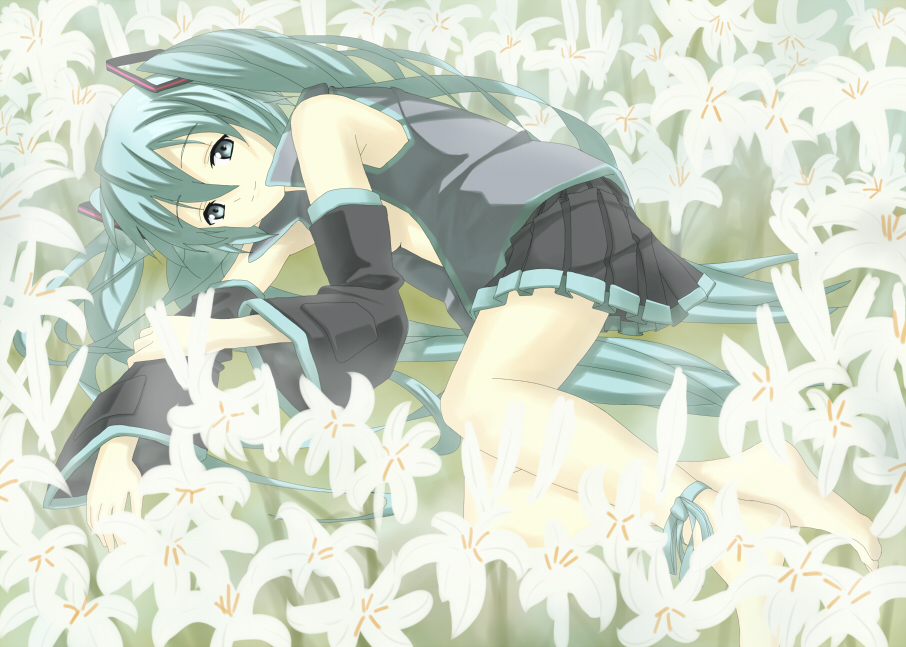 flower hatsune_miku lily_(flower) lying nagareboshi no_bra on_side open_clothes open_shirt shirt smile vocaloid