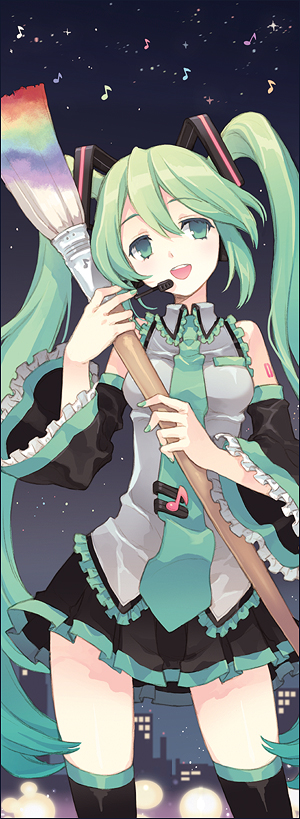 art_brush brush detached_sleeves face frills giant_brush green_eyes hatsune_miku long_hair miracle_paint_(vocaloid) multicolored_hair musical_note nail_polish necktie notes paintbrush skirt sky solo star star_(sky) starry_sky stars tearfish thigh-highs thighhighs twintails two-tone_hair vocaloid wide_hips