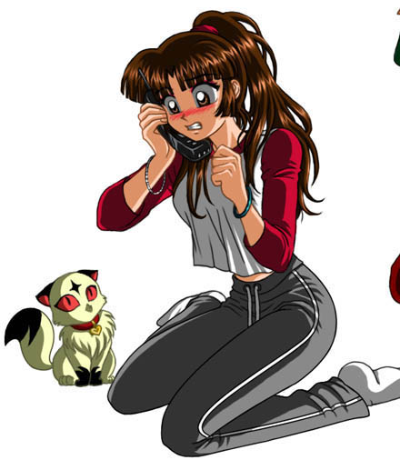 blush casual contemporary cordless_phone eyeshadow inuyasha kirara kirara_(inuyasha) kneeling mikaila phone ponytail sango