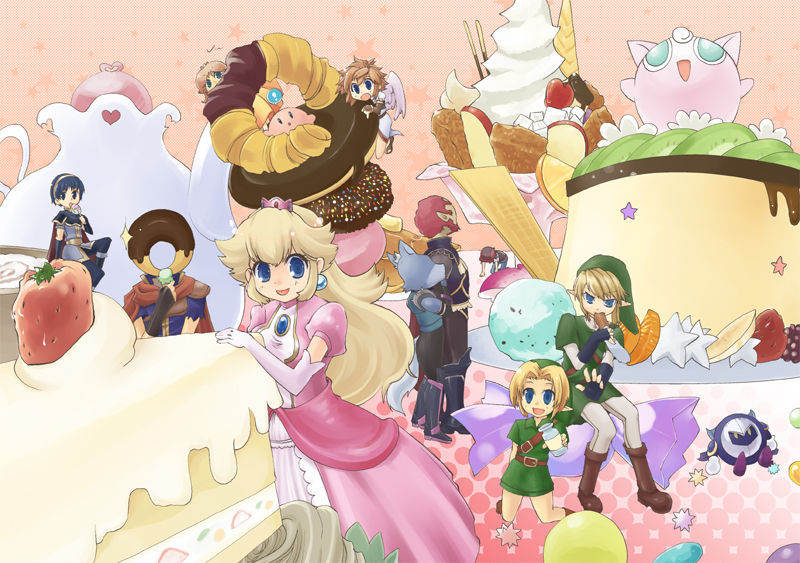 cake crossover crown donutman dual_persona fire_emblem food ganondorf ike jigglypuff kid_icarus kirby kirby_(series) link marth meta_knight mitsuda_karin nintendo pastry pit pokemon pokemon_(anime) pokemon_(game) pokemon_trainer princess_daisy princess_peach roy_(fire_emblem) satoshi_(pokemon) star_fox starfox super_mario_bros. super_smash_bros. sweets the_legend_of_zelda wolf_o'donnell wolf_o'donnell young_link