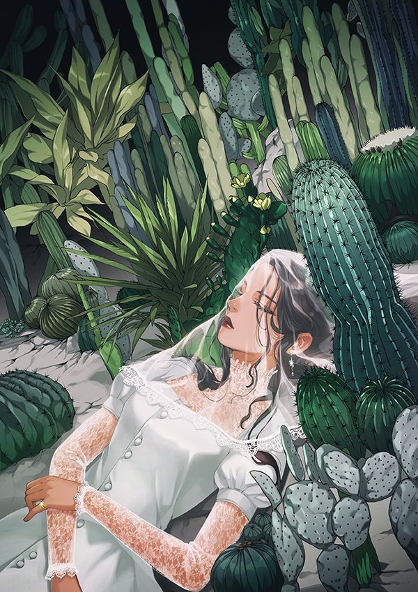 1girl black_hair bridal_veil bride cactus closed_eyes dark_skin dress flower jewelry jeya_(leej3ya) lace long_hair lying on_back original plant puffy_short_sleeves puffy_sleeves ring short_sleeves solo veil wedding_dress white_dress yellow_flower