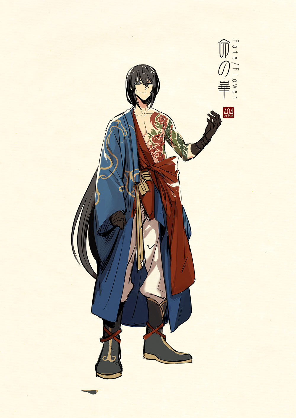 1boy arm_tattoo bangs bare_shoulders beige_background black_footwear black_gloves black_hair boots chest_tattoo chinese_clothes clenched_hand closed_mouth fate_(series) full_body gloves hadanugi_dousa hanfu highres long_hair long_sleeves looking_at_viewer low_ponytail male_focus pants ponytail sash simple_background smile smirk solo standing tattoo very_long_hair white_pants wide_sleeves zerocastle