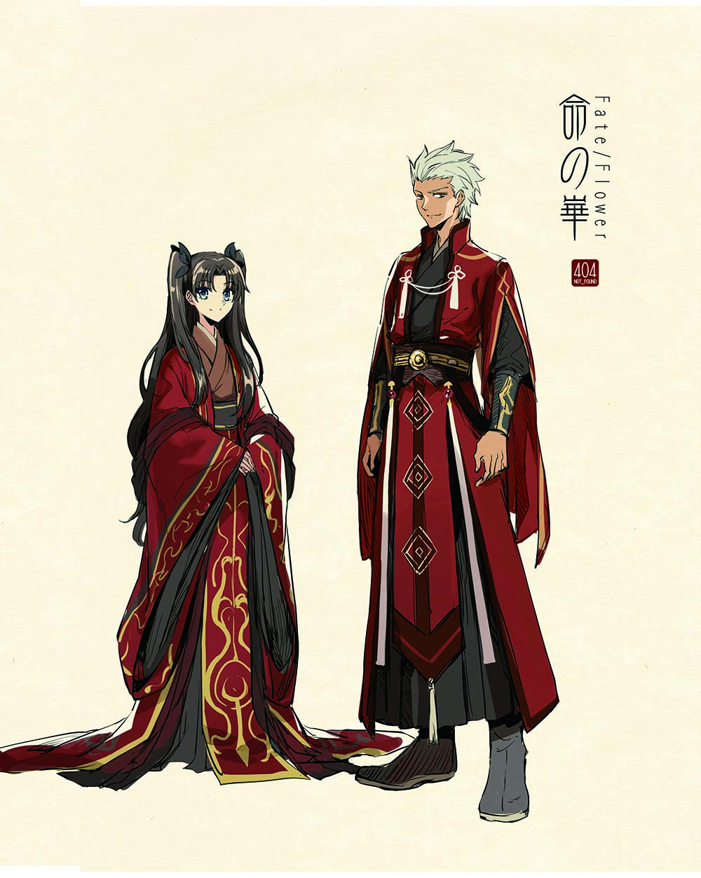 1boy 1girl archer arm_guards bangs beige_background black_hair black_ribbon blue_eyes boots chinese_clothes closed_mouth dark_skin dark_skinned_male fate_(series) full_body grey_footwear hair_ribbon hair_slicked_back hanfu highres long_sleeves looking_at_viewer parted_bangs red_robe ribbon robe sash shawl silver_hair simple_background sleeves_past_wrists smile standing tassel toosaka_rin two_side_up wide_sleeves zerocastle