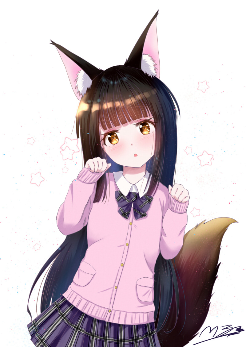 1girl alternate_costume animal_ear_fluff animal_ears azur_lane bangs black_hair blunt_bangs blush brown_eyes fox_ears hair_ornament long_hair looking_at_viewer m_ko_(maxft2) nagato_(azur_lane) open_mouth paw_pose pink_cardigan pleated_skirt purple_skirt school_uniform shirt simple_background skirt solo star uniform very_long_hair white_background white_shirt