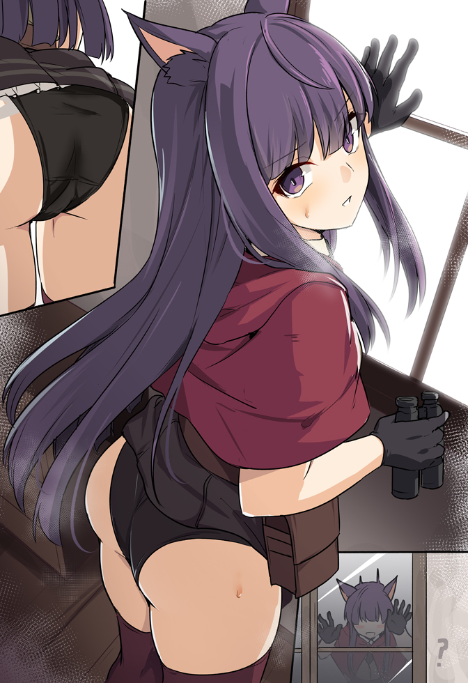 1girl ? animal_ears ass bangs belt binoculars black_gloves black_neckwear black_skirt blush breasts brown_belt capelet gloves green_vest kirihara_kasumi long_hair looking_at_viewer looking_back multiple_views necktie one_eye_closed open_mouth pouch princess_connect! princess_connect!_re:dive purple_hair red_capelet shiseki_hirame sidelocks skirt skirt_lift small_breasts thigh-highs thighs vest violet_eyes window