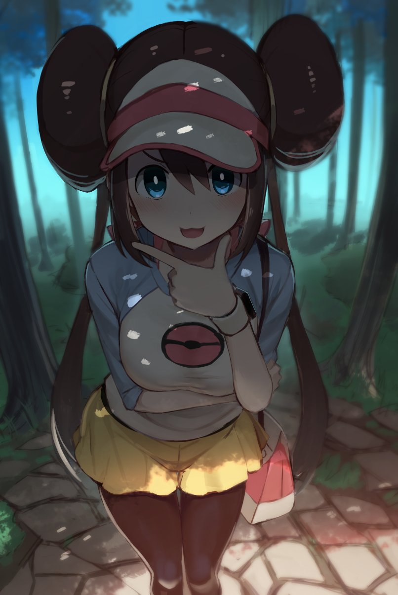 1girl :3 :d blue_eyes blush breasts brown_hair double_bun forest from_above greatmosu highres large_breasts long_hair looking_at_viewer mei_(pokemon) nature open_mouth pantyhose pokemon pokemon_(game) pokemon_bw2 pokemon_masters smile solo tree twintails visor_cap