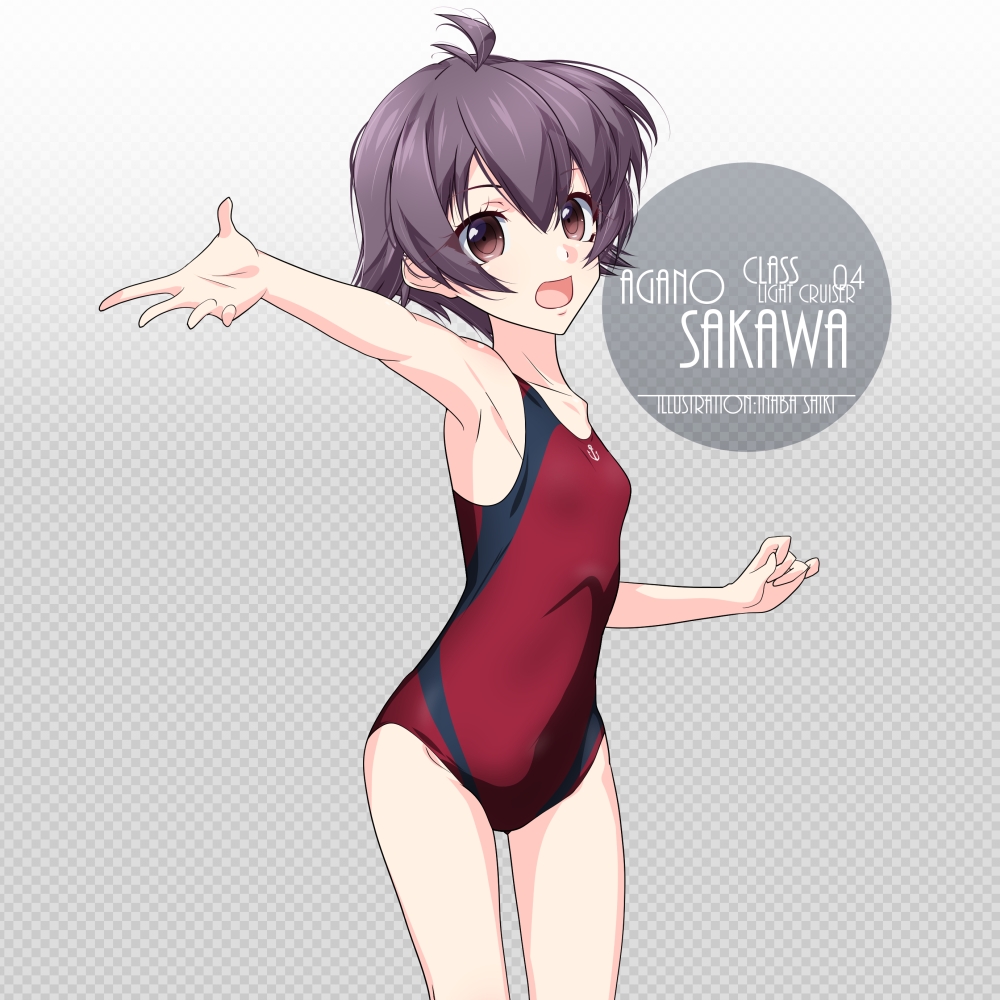 1girl artist_name character_name checkered checkered_background commentary_request competition_swimsuit cowboy_shot flat_chest gradient gradient_background grey_background inaba_shiki kantai_collection looking_at_viewer one-piece_swimsuit purple_hair red_swimsuit sakawa_(kantai_collection) short_hair solo swimsuit violet_eyes