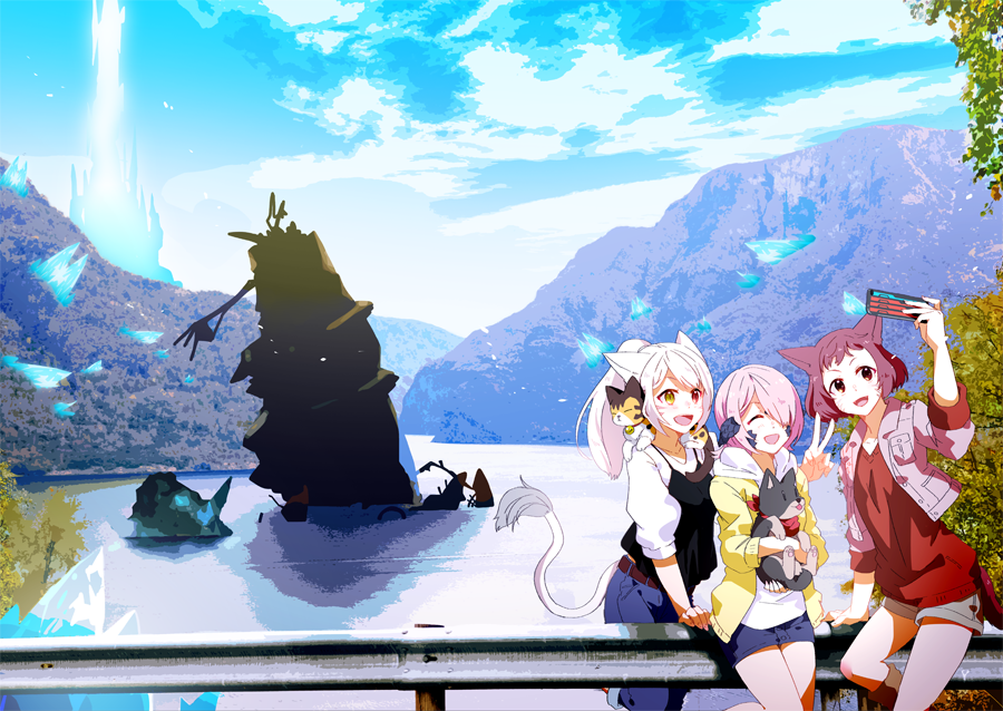 3girls animal_ears au_ra brown_eyes brown_hair building cat cat_ears cat_tail cellphone cellphone_camera closed_eyes commentary_request crash cropped_jacket crystal day dog final_fantasy final_fantasy_xiv hair_over_one_eye jacket lili_mdoki long_hair miqo'te multiple_girls open_clothes open_jacket open_mouth outdoors phone pink_hair ponytail scales self_shot short_hair shorts tail v water white_hair