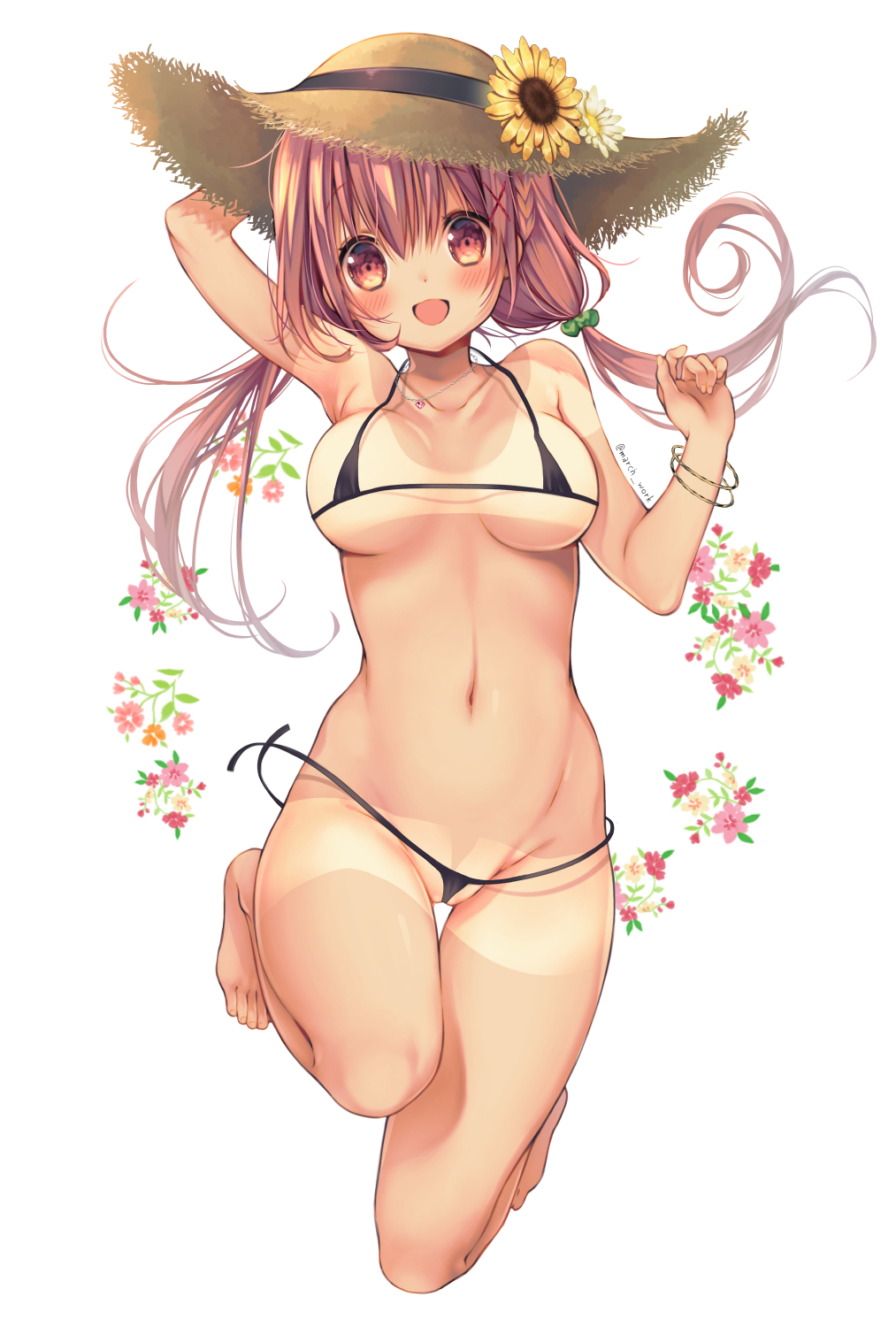 1girl bare_shoulders barefoot bikini black_bikini bracelet braid collarbone commentary_request flower full_body green_scrunchie hair_flower hair_ornament hair_scrunchie hairclip hat hat_flower highres hinako_note jewelry long_hair looking_at_viewer low_twintails march-bunny micro_bikini navel necklace official_art open_mouth sakuragi_hinako scrunchie side_braid solo straw_hat string_bikini sunflower_hair_ornament swimsuit tan tanline twintails white_background