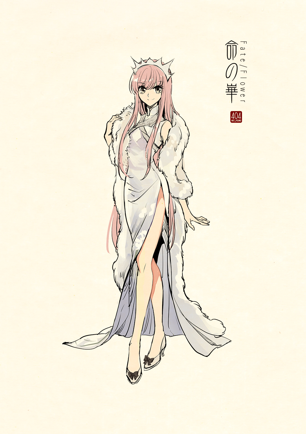 1girl arm_at_side bangs bare_legs bare_shoulders beige_background black_bow bow bow_footwear china_dress chinese_clothes closed_mouth coat crossed_legs dress fate_(series) full_body fur_coat grey_eyes high_heels highres long_dress long_hair looking_at_viewer pink_hair side_slit simple_background sleeveless sleeveless_dress smile solo standing tiara very_long_hair watson_cross white_coat white_dress white_footwear zerocastle