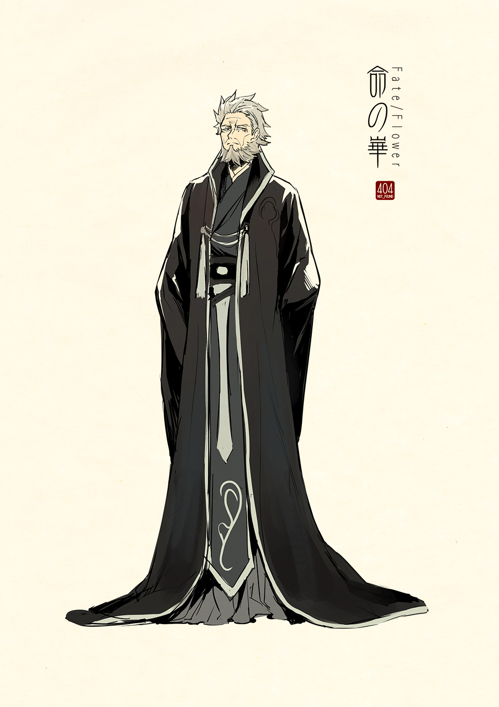 1boy arms_behind_back beard beige_background black_coat chinese_clothes closed_mouth coat facial_hair fate_(series) frown full_body grey_eyes grey_hair grey_robe hanfu highres long_sleeves looking_at_viewer male_focus mole mole_under_eye old_man robe sash simple_background solo spiky_hair standing tassel zerocastle