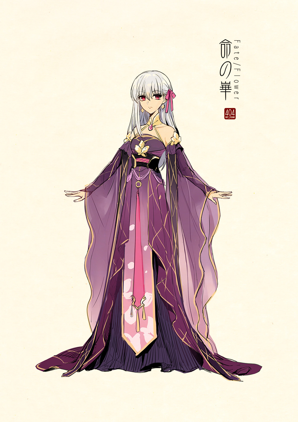 1girl bangs bare_shoulders beige_background breasts chinese_clothes closed_mouth detached_sleeves dress earrings fate_(series) frown full_body gem hair_ribbon halter_dress hanfu highres jewelry layered_sleeves long_hair long_sleeves looking_at_viewer o-ring outstretched_arms pendant purple_dress red_eyes ribbon robe sash silver_hair simple_background solo standing tassel white_hair wide_sleeves zerocastle