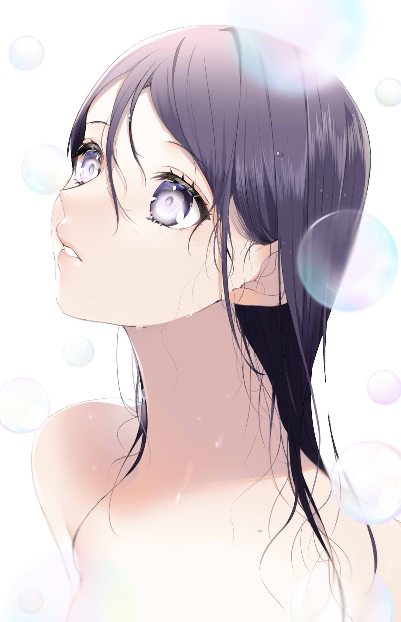 1girl bad_id bad_twitter_id blurry blurry_foreground bubble depth_of_field hair_between_eyes highres long_hair looking_up mole mole_on_neck nude original parted_lips pink_lips purple_hair sogawa solo upper_body violet_eyes wet wet_hair