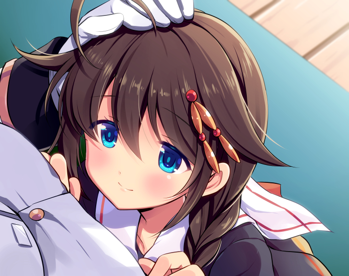 1boy 1girl admiral_(kantai_collection) ahoge bangs blue_eyes blush braid brown_hair eyebrows_visible_through_hair gloves hair_between_eyes hair_flaps hair_ornament kantai_collection odawara_hakone out_of_frame petting remodel_(kantai_collection) sailor_collar school_uniform serafuku shigure_(kantai_collection) single_braid smile solo_focus white_gloves