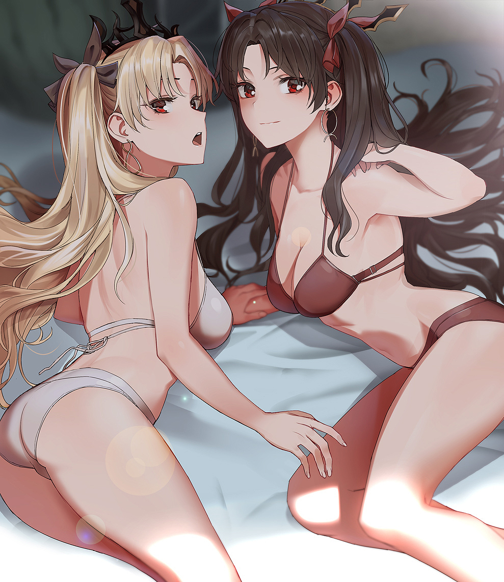 2girls ass bangs bed_sheet black_bra black_panties black_ribbon blonde_hair blurry blurry_background bra breasts commentary depth_of_field earrings ereshkigal_(fate/grand_order) eyebrows_behind_hair fate/grand_order fate_(series) hair_ribbon hoop_earrings hyury ishtar_(fate)_(all) ishtar_(fate/grand_order) jewelry light_particles long_hair looking_at_viewer lying midriff multiple_girls on_side open_mouth panties parted_bangs red_eyes ribbon small_breasts smile two_side_up underwear underwear_only very_long_hair white_bra white_panties